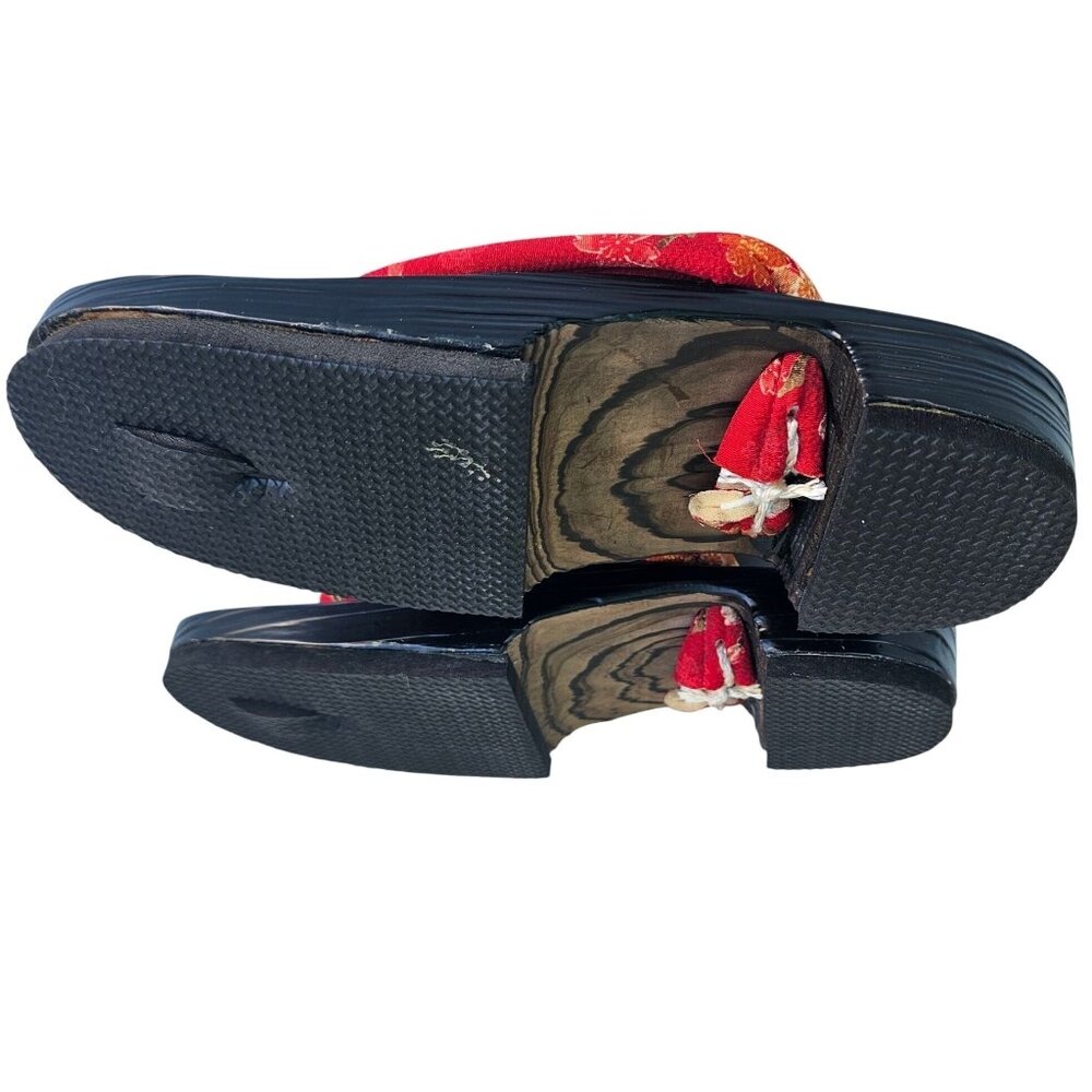 Japanese Geta Sandals Black Lacquer Red Floral Hanao S/M 6 to 7 Narrow - Picture 8 of 13